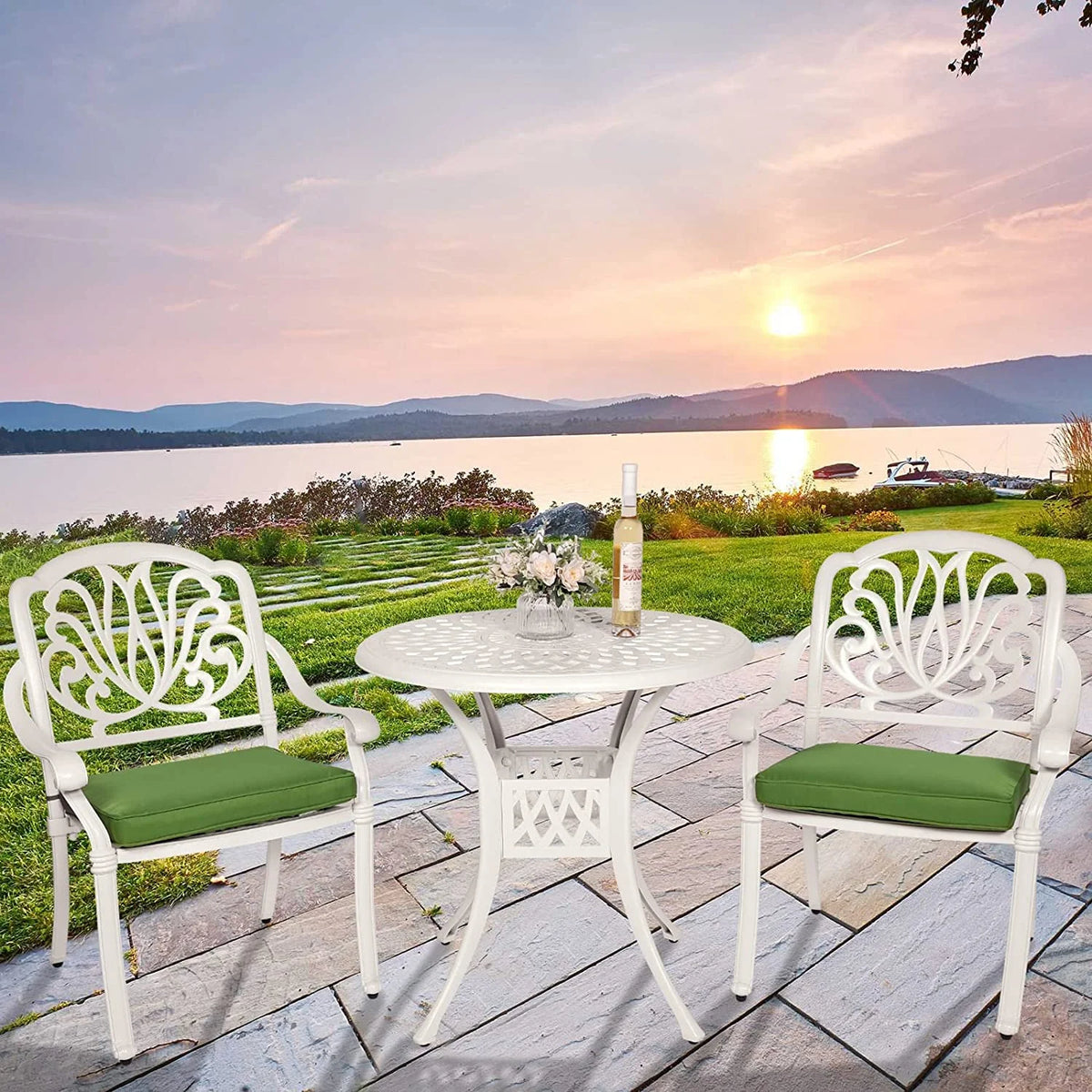 3-Piece Cast Aluminum Outdoor Patio Dining Set with 2 Cushioned Chairs and Round Table R5316