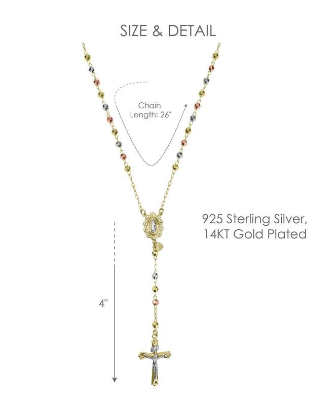 14K Gold Plated Sterling Silver Tri Color Beads Rosary Necklace 26" E3309