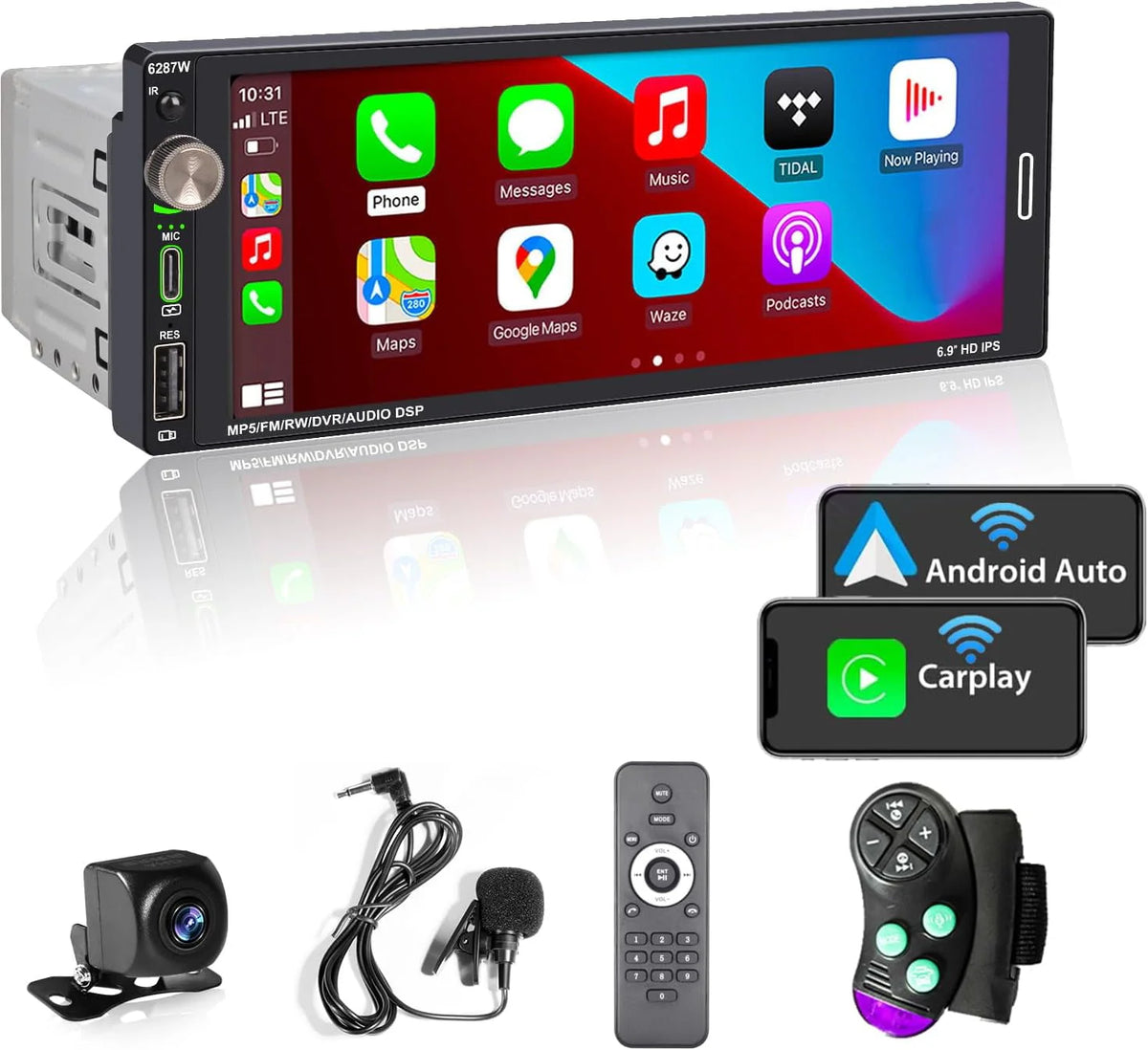 Single Din Car Stereo with Apple CarPlay Android Auto 6.9 inch Touchscreen Bluetooth H8131