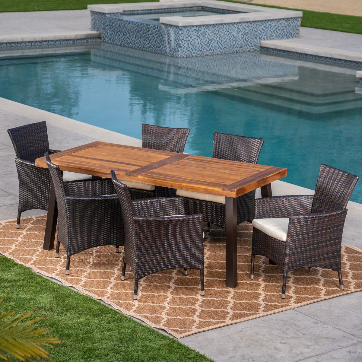 7 Piece Acacia Wood Wicker Dining Set with Cushions R40915