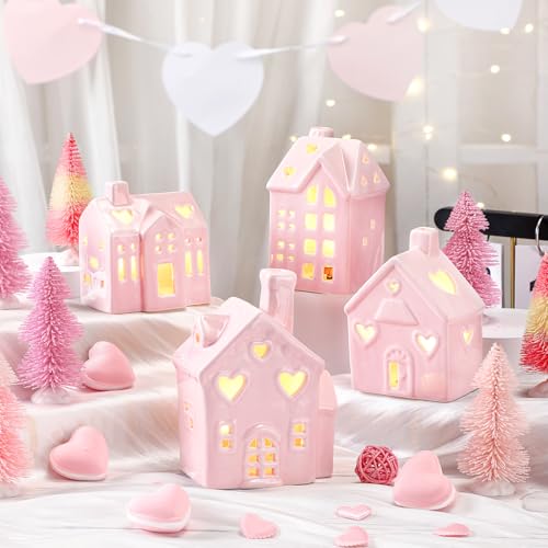 12 Pcs Pink Ceramic Village Decorations with Lighted House Figurines and Mini Pine Trees G80526