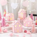 12 Pcs Pink Ceramic Village Decorations with Lighted House Figurines and Mini Pine Trees G80526