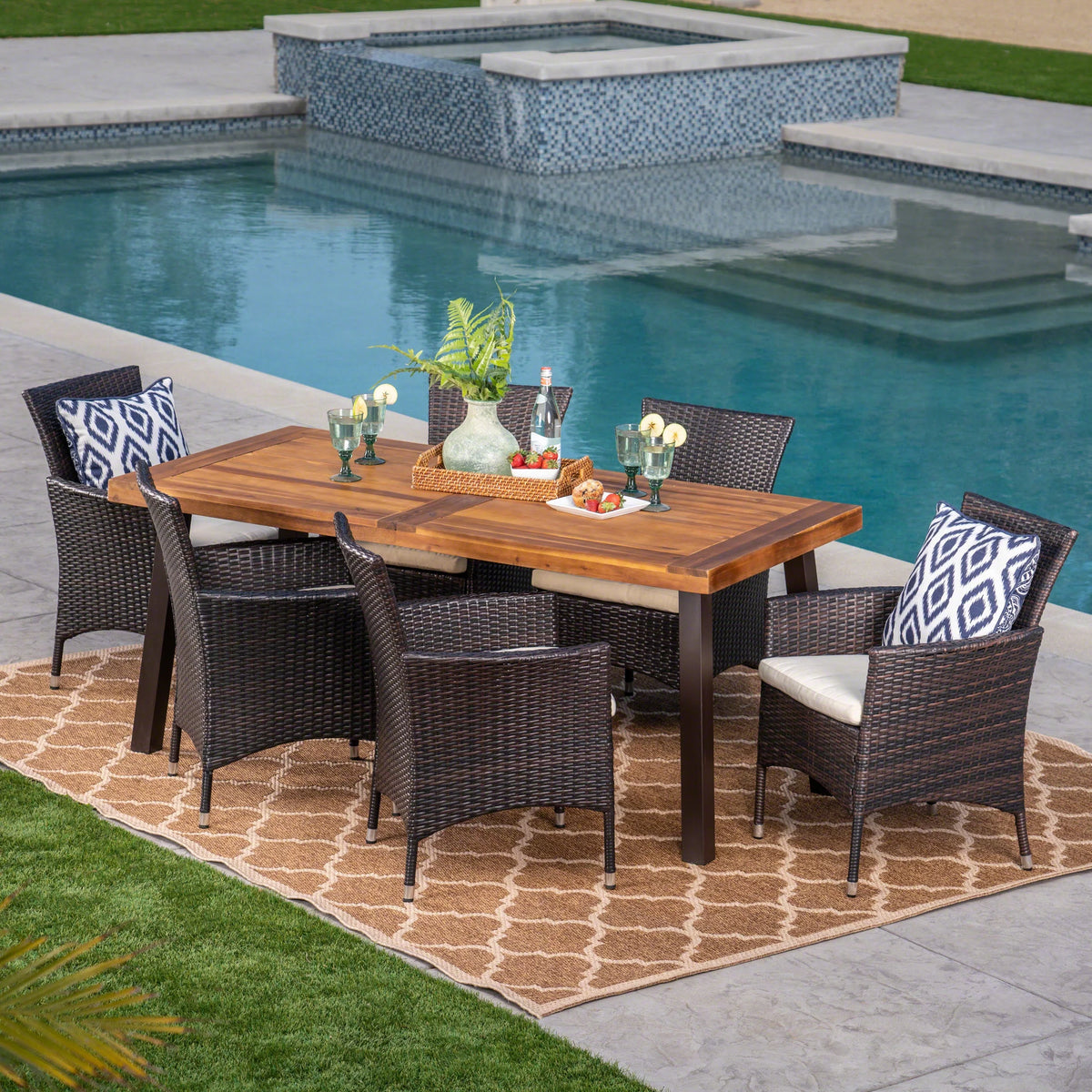 7 Piece Acacia Wood Wicker Dining Set with Cushions R40915