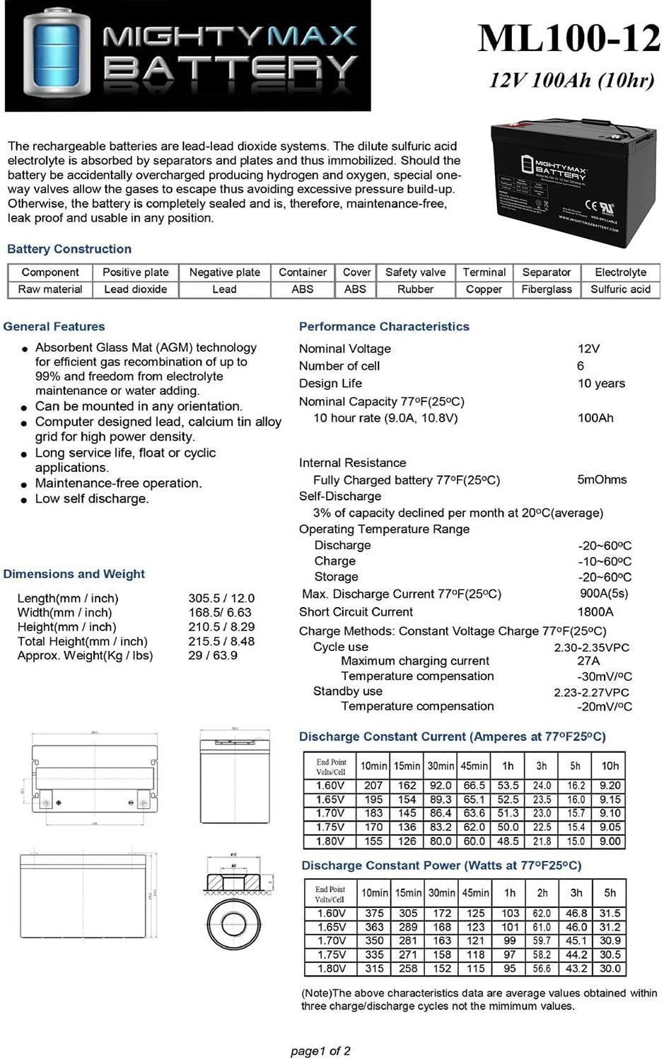 12V 100Ah SLA AGM Battery T61539