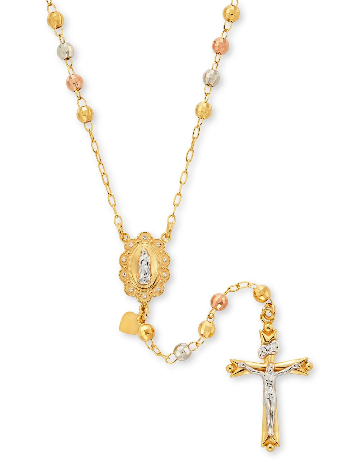 14K Gold Plated Sterling Silver Tri Color Beads Rosary Necklace 26" E3309