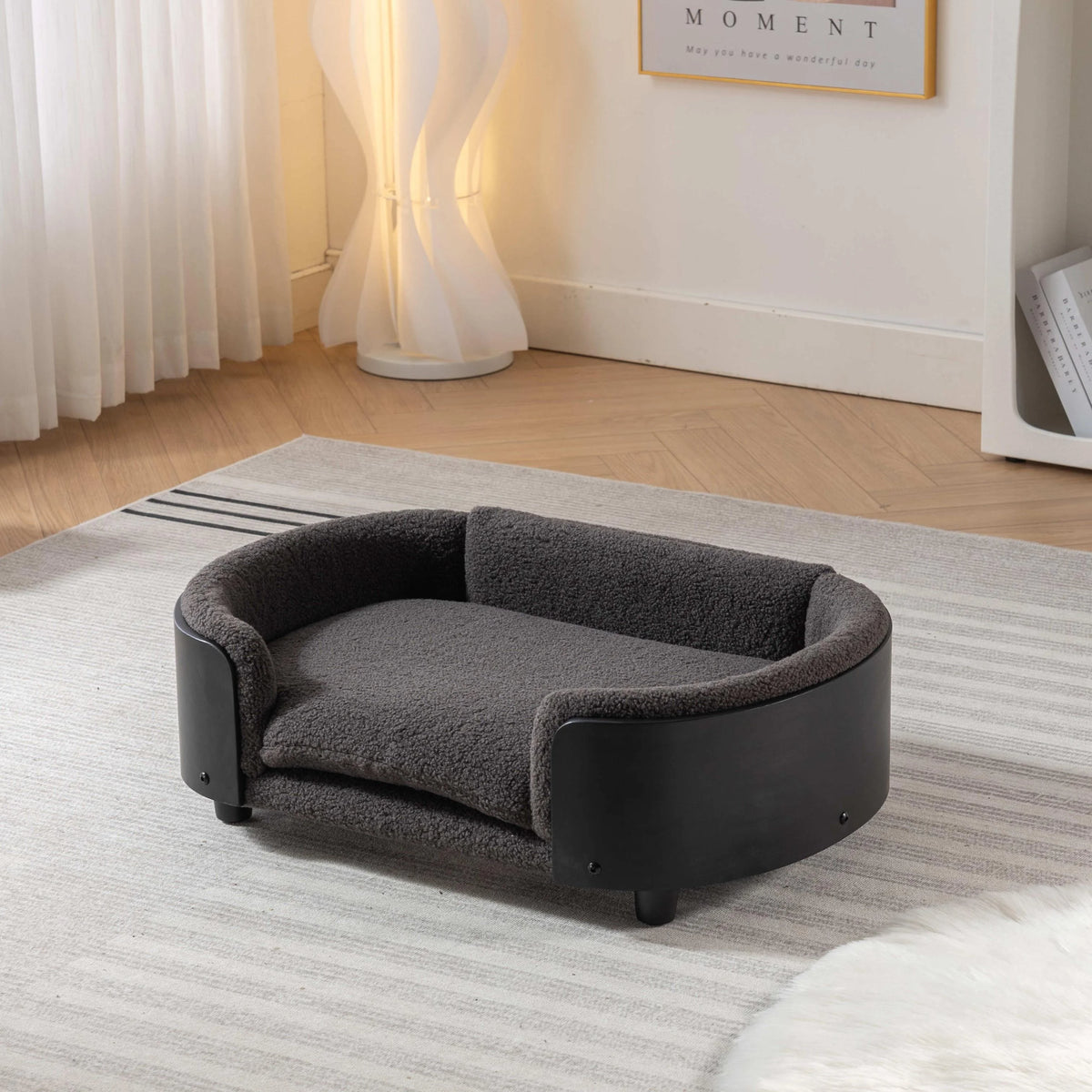 Elevated Dog Bed Pet Sofa with Solid Wood Legs and Black Bent Wood Back, Cashmere Cushion G298725