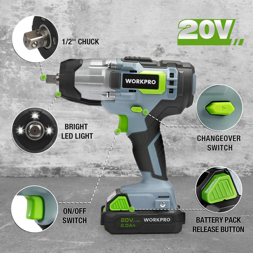 20V Cordless Impact Wrench, 1/2-inch, 320 Ft Pounds Max Torque, 2.0Ah Li-ion Battery with Fast Charger, Belt Clip U755930