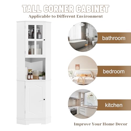 White Tall Corner Cabinet with Adjustable Shelves and Doors F710192