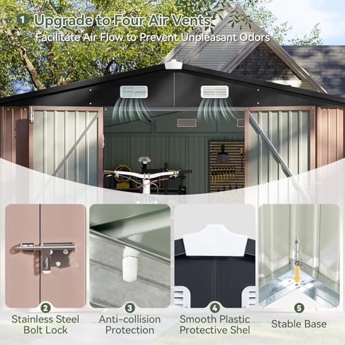 10 x 12FT Outdoor Storage Shed with Double Hinged Door Metal Shed W549925