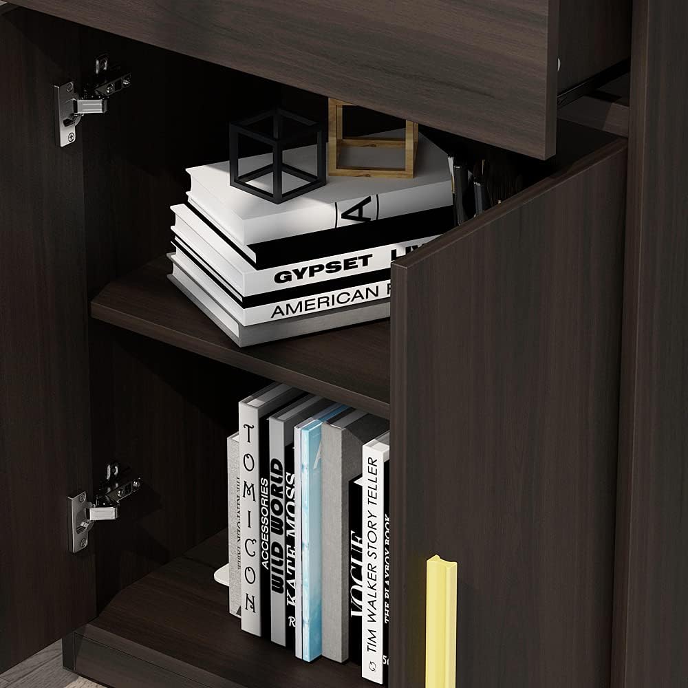 Black-Brown 3 Tier Wooden Bookcase Storage Cabinet with 2 Doors and 1 Drawer W76966