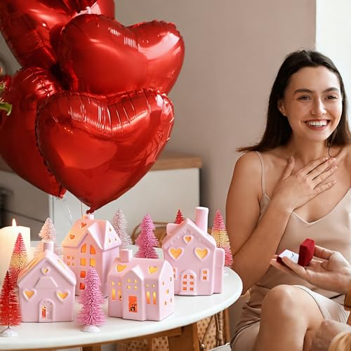 12 Pcs Pink Ceramic Village Decorations with Lighted House Figurines and Mini Pine Trees G80526