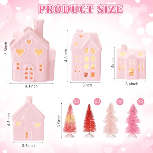 12 Pcs Pink Ceramic Village Decorations with Lighted House Figurines and Mini Pine Trees G80526