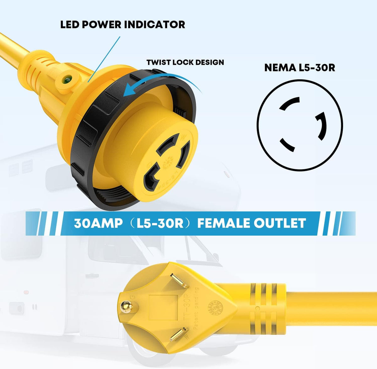 25' 30 Amp RV Power Extension Cord with 15 Amp to 30 Amp Adapter H456