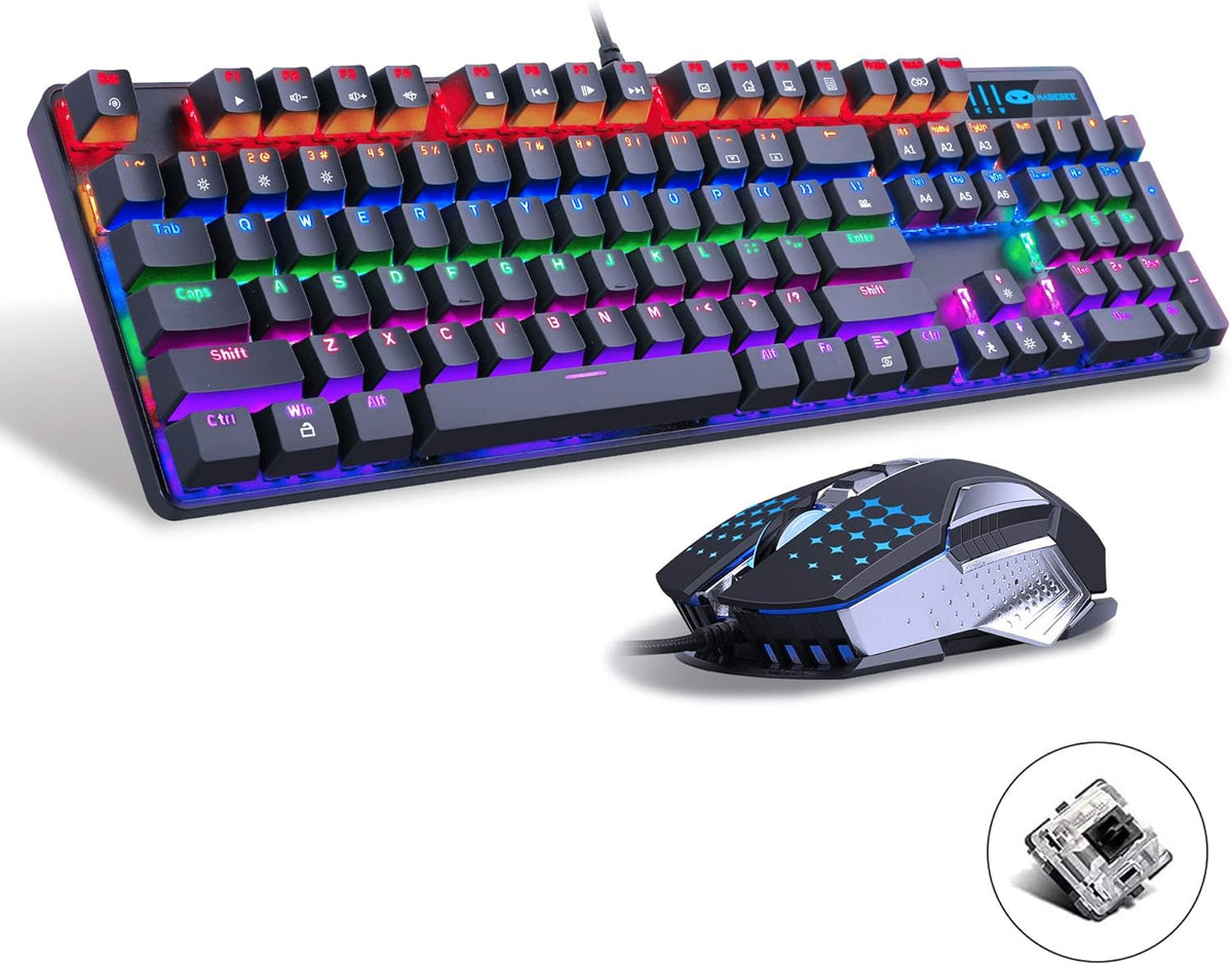 Mechanical Gaming Keyboard and Mouse Combo, 104 Keys Rainbow Backlit, Wired M763
