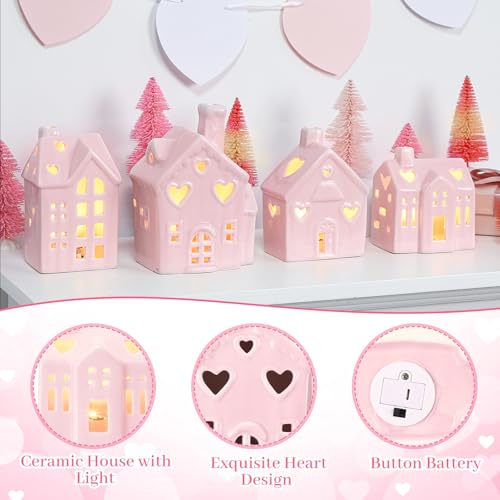12 Pcs Pink Ceramic Village Decorations with Lighted House Figurines and Mini Pine Trees G80526