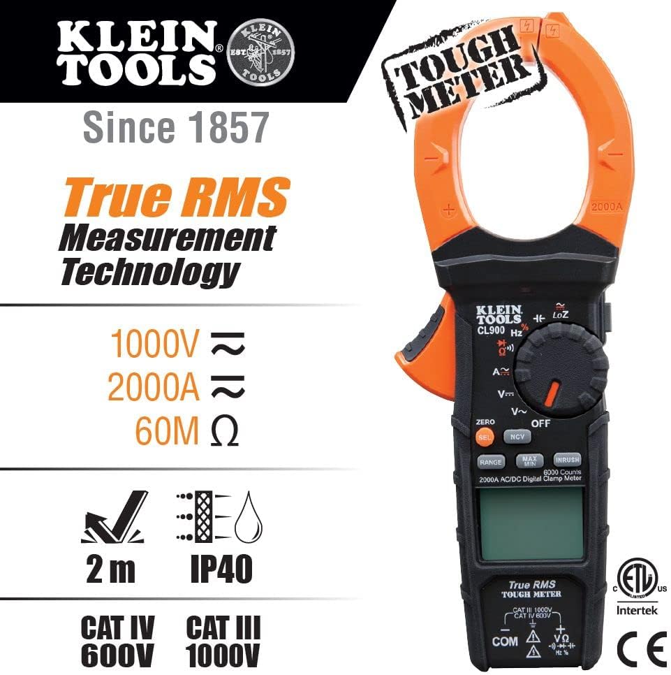 Digital Clamp Meter, Auto Ranging TRMS, AC/DC Voltage/Current, 2000A, LoZ, Continuity, Frequency, NCVT, Temp, 1000V C913