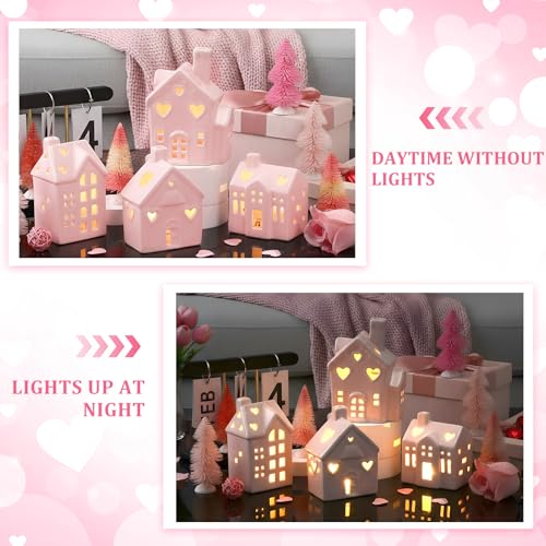 12 Pcs Pink Ceramic Village Decorations with Lighted House Figurines and Mini Pine Trees G80526
