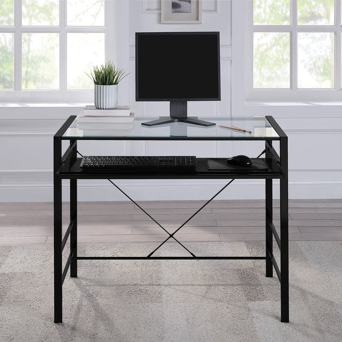Computer Desk with Clear Tempered Glass Top and Black Metal Frame J3119