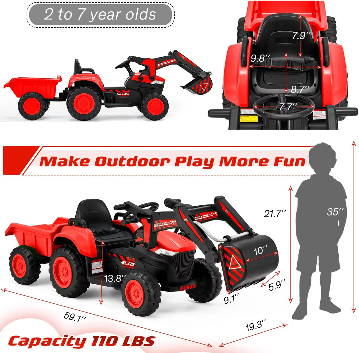 12 V Battery Powered Ride on Bulldozer with Trailer, Front Loader Bucket, Green O636221