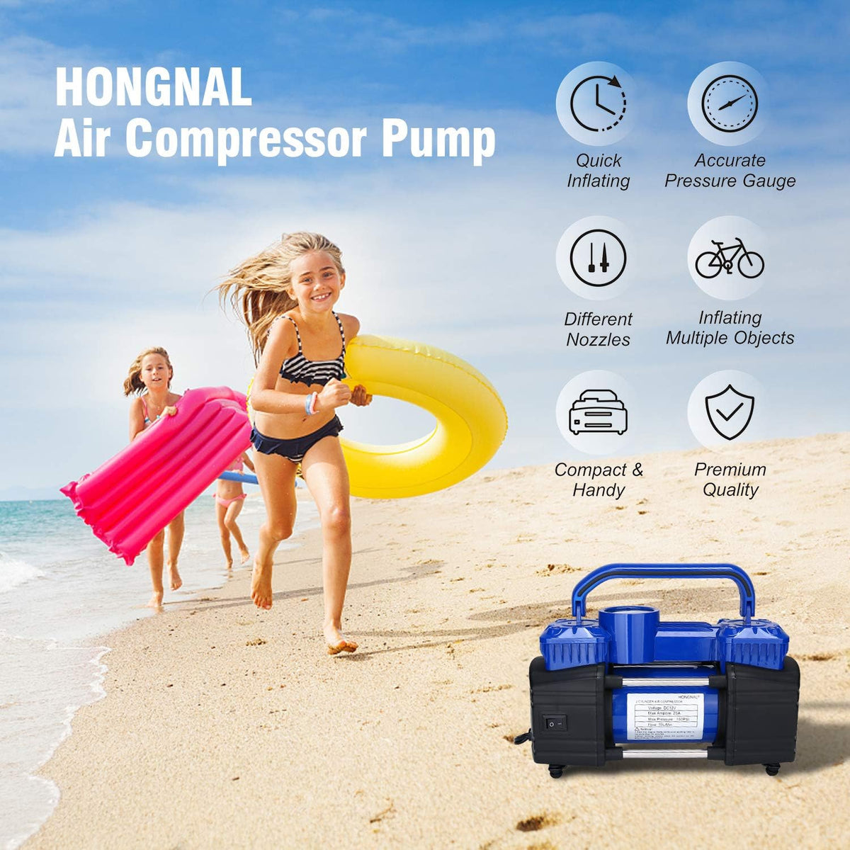 Portable Air Compressor Tire Inflator, 150PSI Car Air Pump DC 12V with 4 Nozzle Attachments, LED Light, Air Hose, Battery Clamp R52187