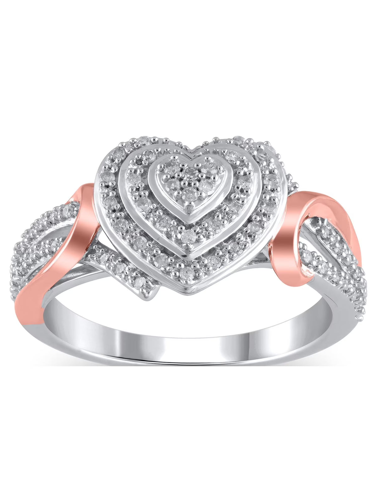 1/6 Carat T.W. Heart Shaped Double Halo Diamond Composite Ring in Sterling Silver with 14K Rose Gold Plating, Size 6 C701