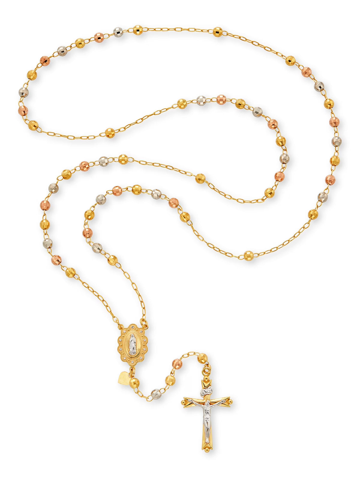 14K Gold Plated Sterling Silver Tri Color Beads Rosary Necklace 26" E3309