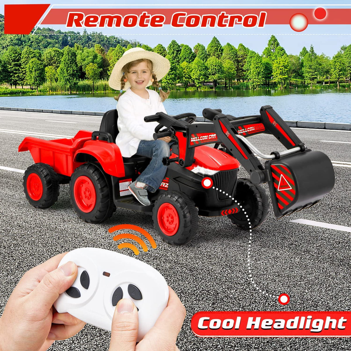 12 V Battery Powered Ride on Bulldozer with Trailer, Front Loader Bucket, Green O636221