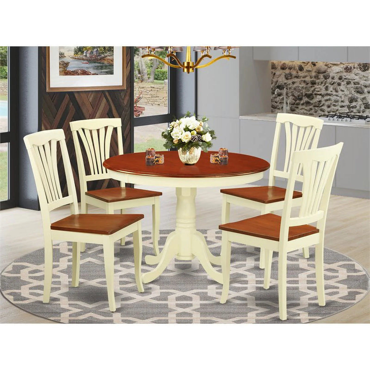 5-piece Dining Set with Wood Seat in Cherry T2355
