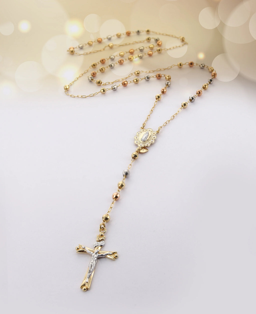14K Gold Plated Sterling Silver Tri Color Beads Rosary Necklace 26" E3309