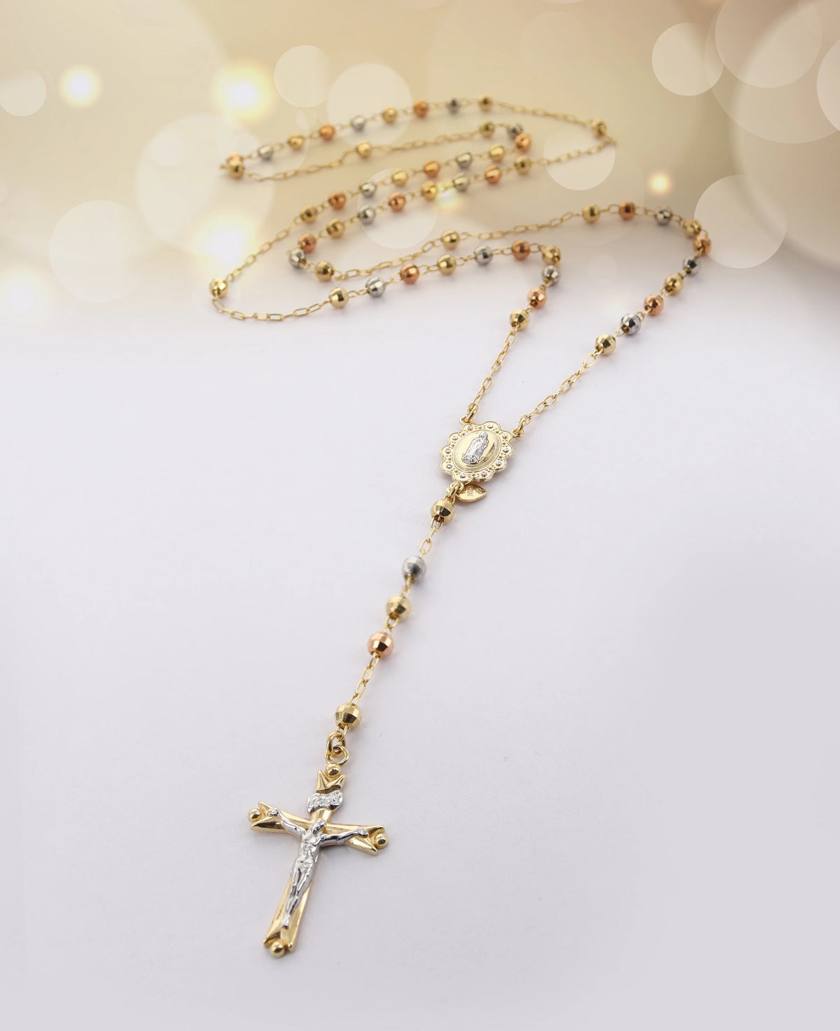 14K Gold Plated Sterling Silver Tri Color Beads Rosary Necklace 26" E3309