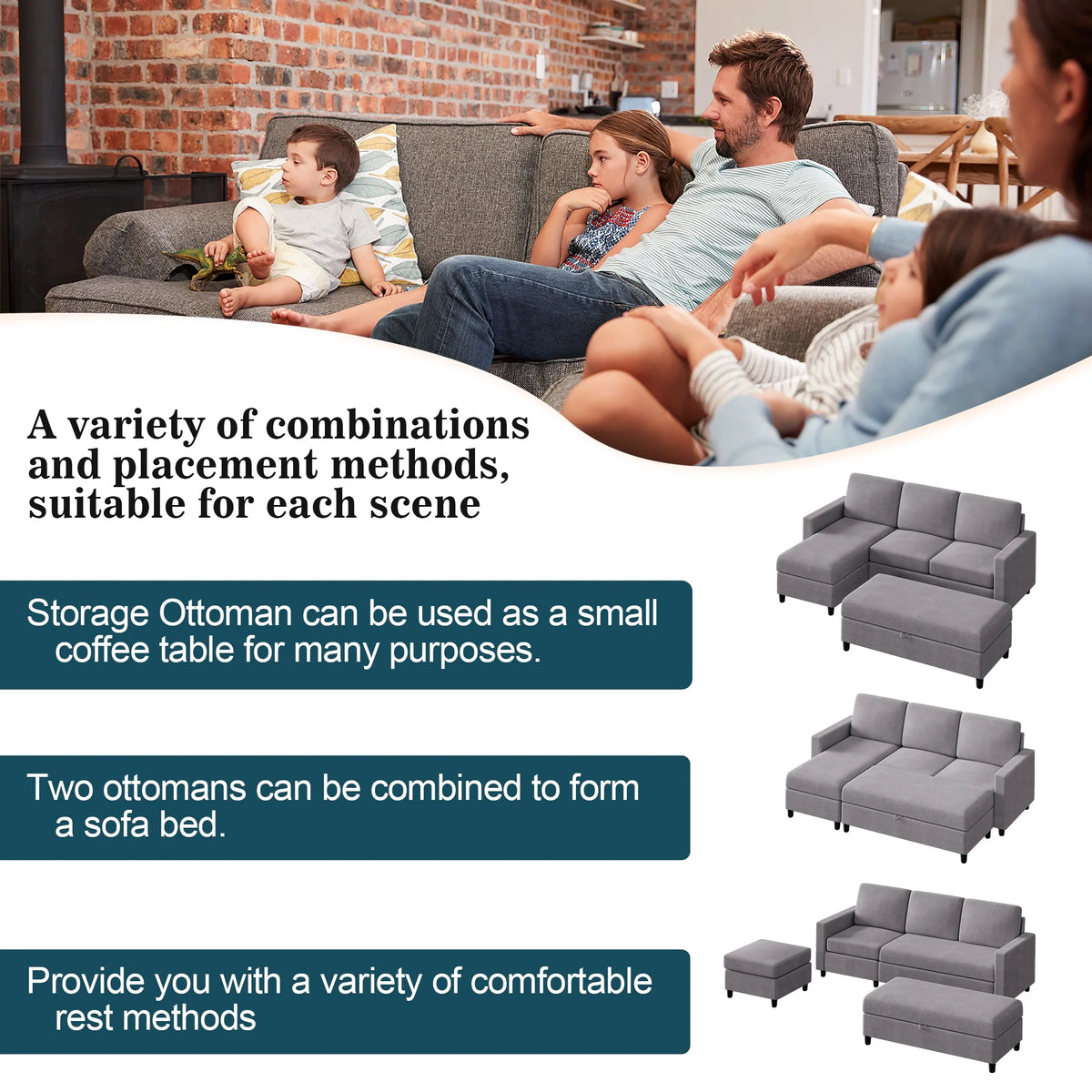 L Shaped 4 Seat Sectional Sofa with Storage Ottoman Y4236