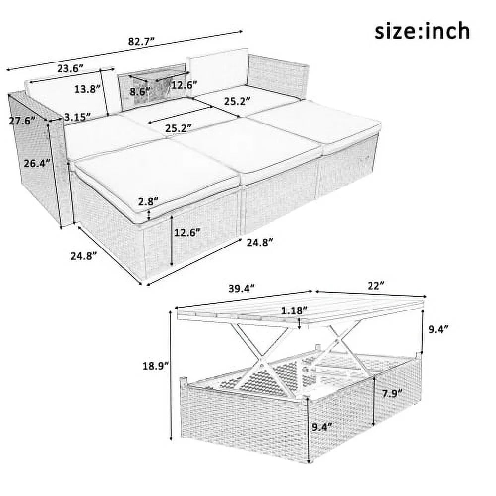 5-Piece Patio Wicker Sofa with Ottomans and Lift Top Coffee Table T29819