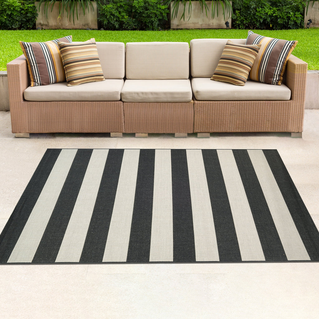 Onyx Black and Ivory Stripe Outdoor Rectangle Rug Y858