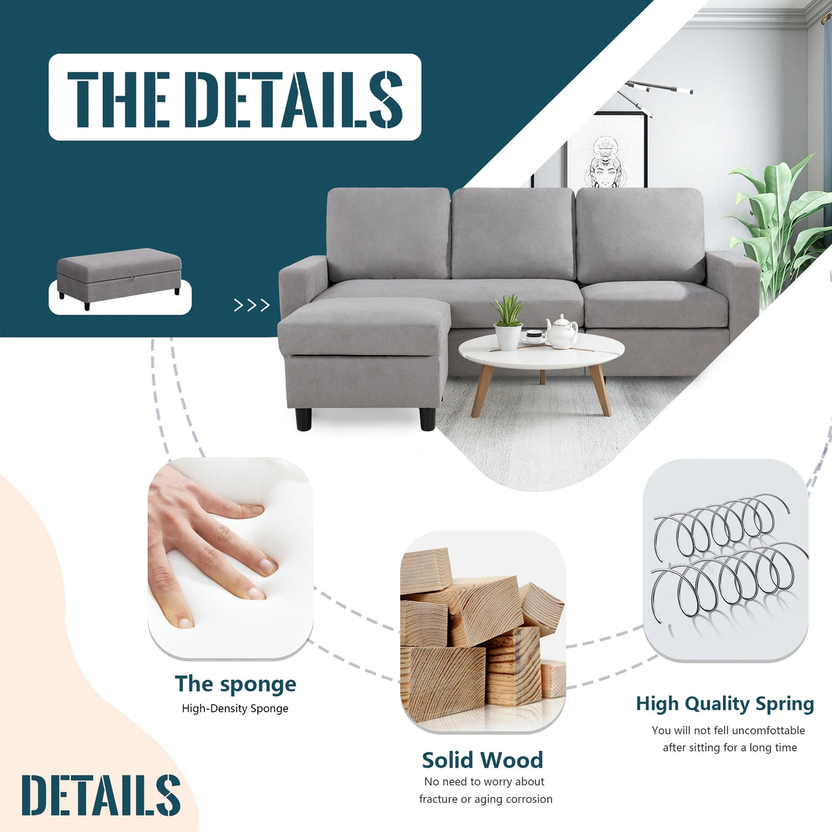 L Shaped 4 Seat Sectional Sofa with Storage Ottoman Y4236