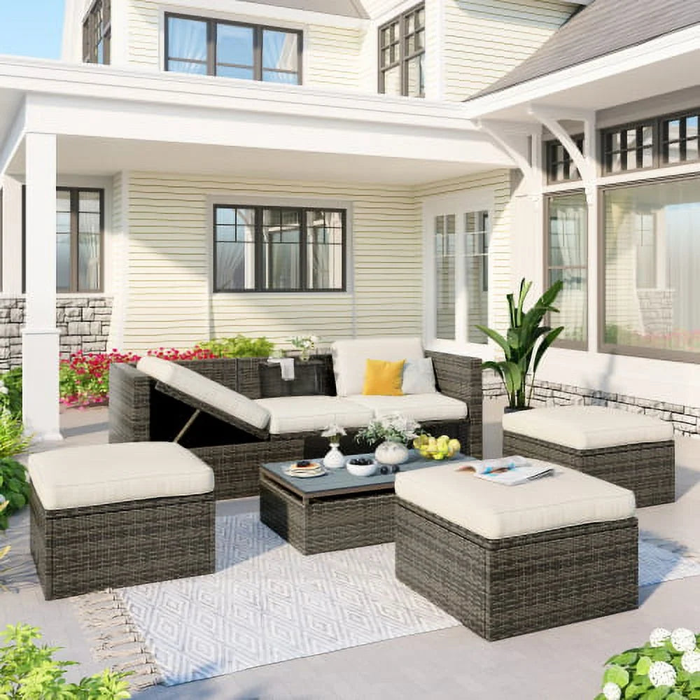 5-Piece Patio Wicker Sofa with Ottomans and Lift Top Coffee Table T29819