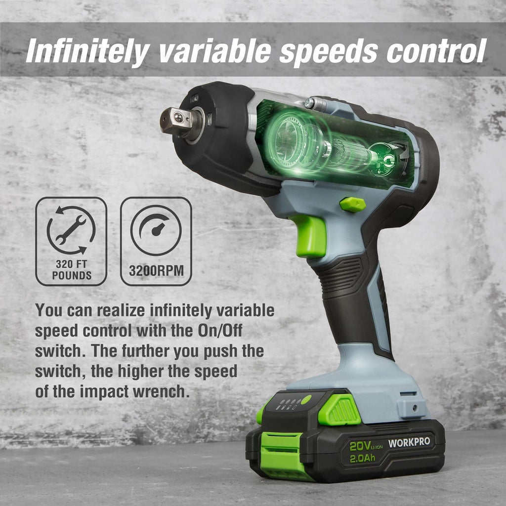 20V Cordless Impact Wrench, 1/2-inch, 320 Ft Pounds Max Torque, 2.0Ah Li-ion Battery with Fast Charger, Belt Clip U755930