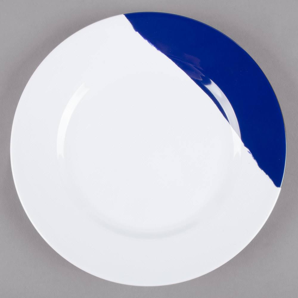 White Navy Blue Wide Rim Round Melamine Plate - 24/Case A1227