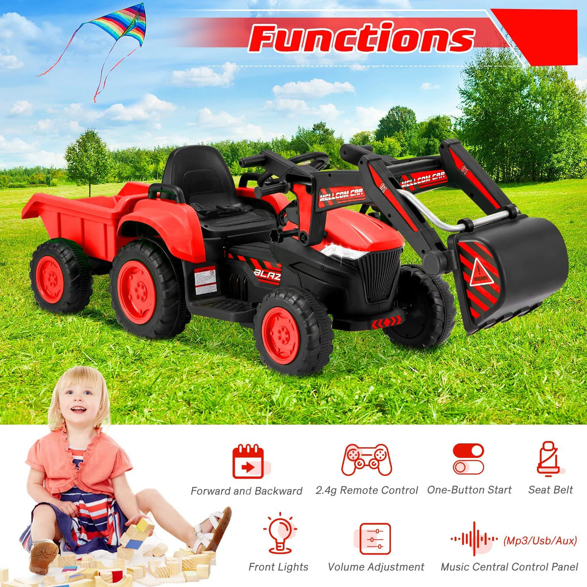 12 V Battery Powered Ride on Bulldozer with Trailer, Front Loader Bucket, Green O636221