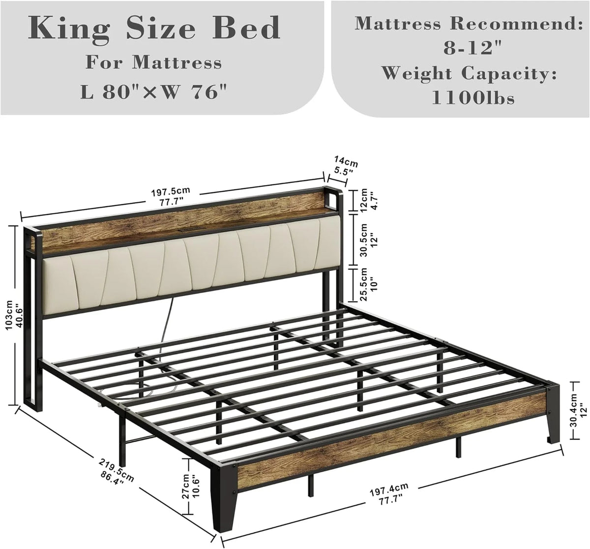 King Bed Frame with Storage Headboard and Charging Station Y1355