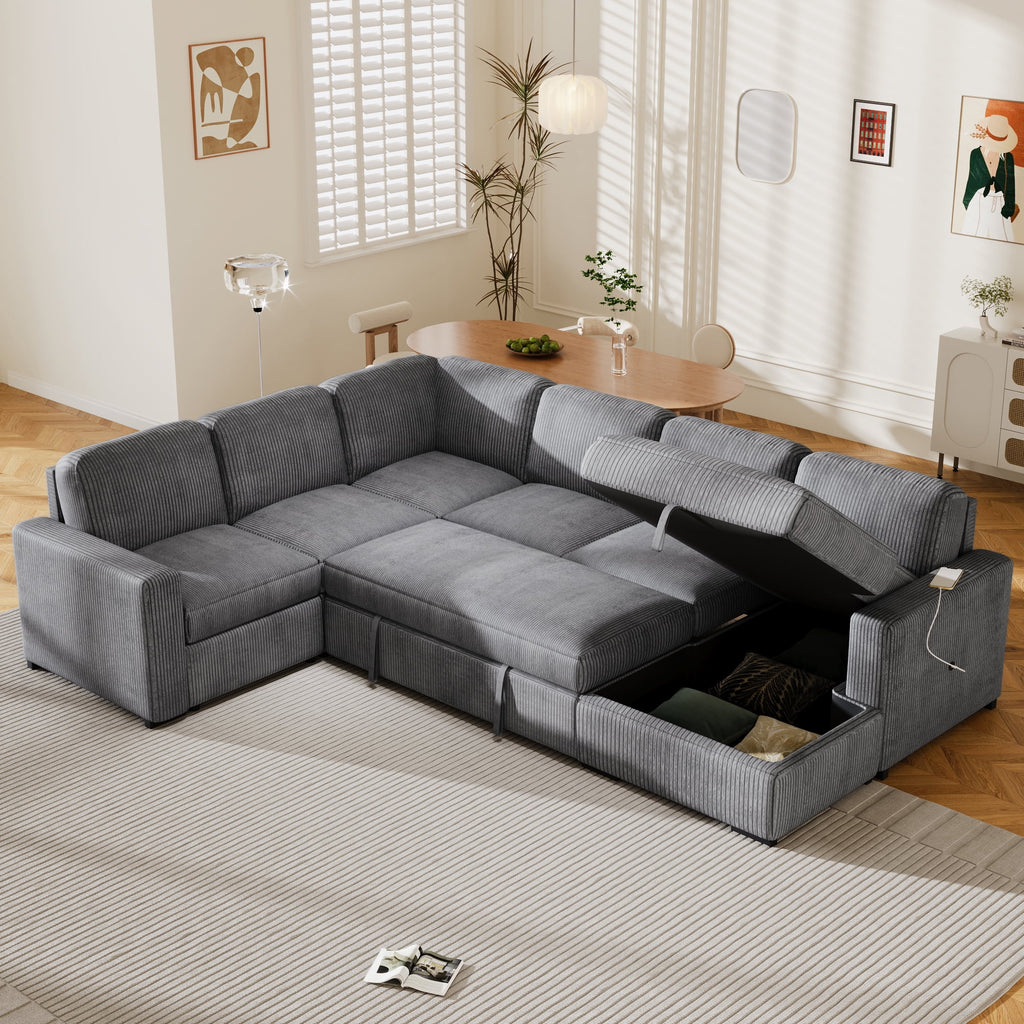 98" U-shaped Corduroy 6-seater Oversized Corner Sofa with Storage E8511