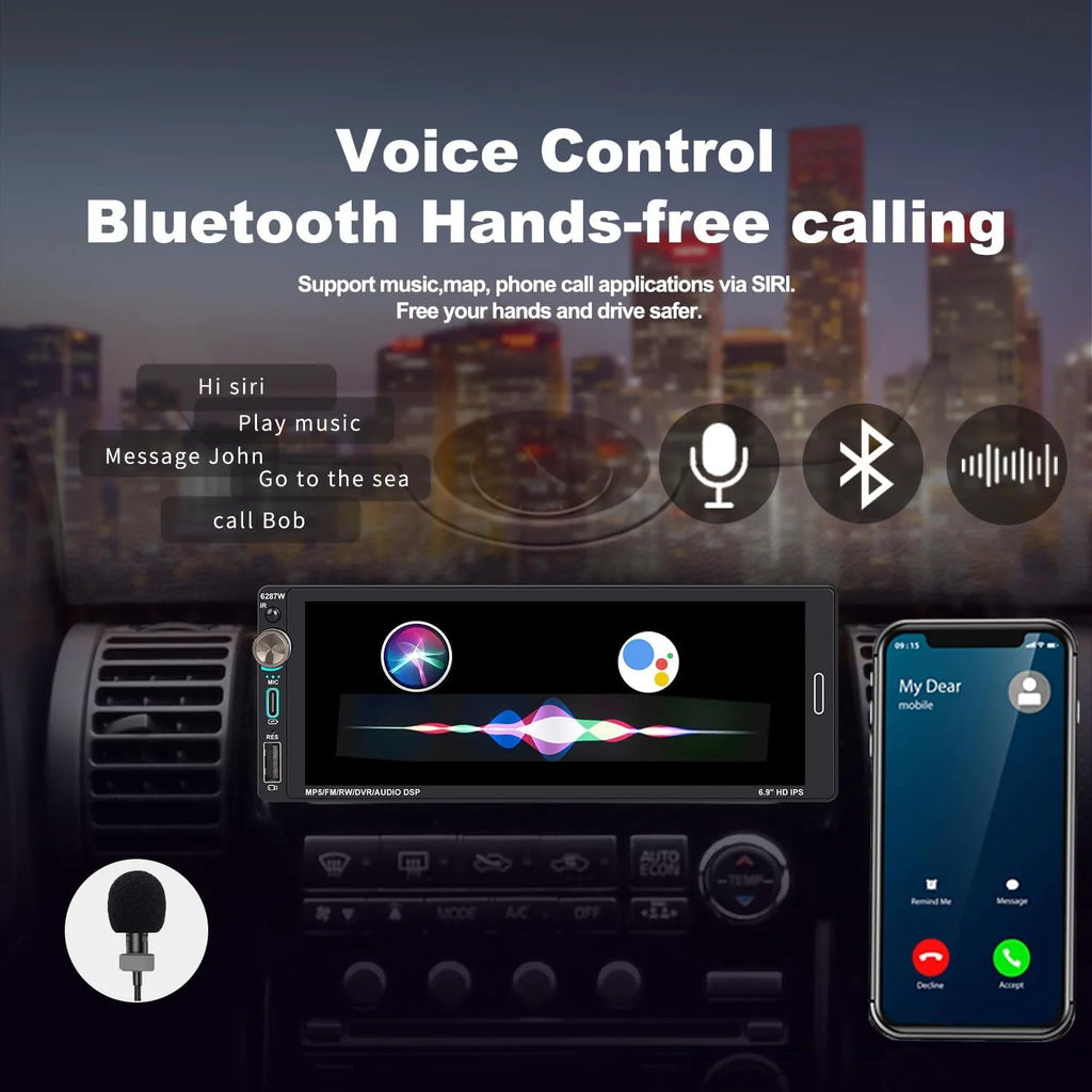 Single Din Car Stereo with Apple CarPlay Android Auto 6.9 inch Touchscreen Bluetooth H8131