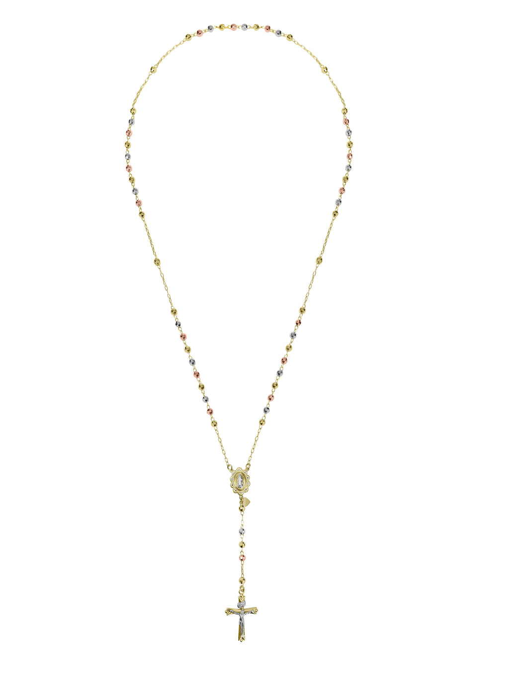 14K Gold Plated Sterling Silver Tri Color Beads Rosary Necklace 26" E3309