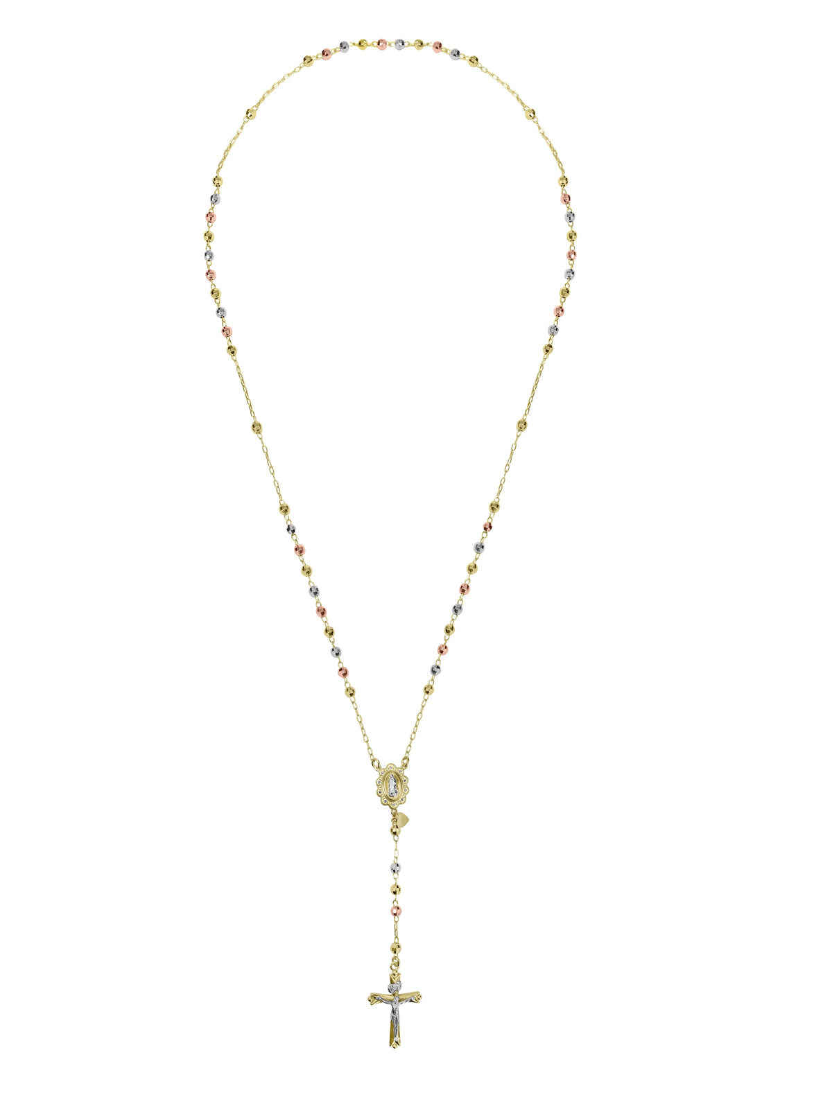 14K Gold Plated Sterling Silver Tri Color Beads Rosary Necklace 26" E3309