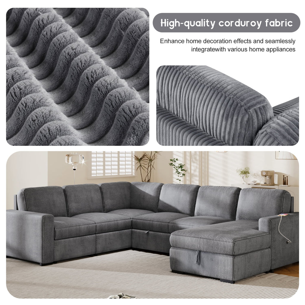 98" U-shaped Corduroy 6-seater Oversized Corner Sofa with Storage E8511