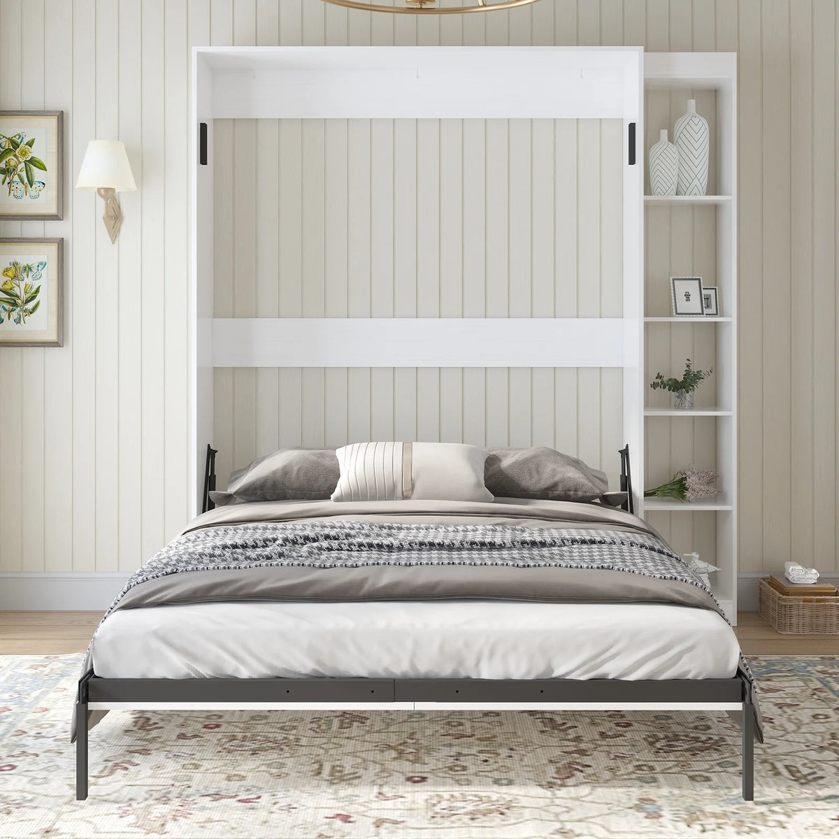 Foldable Murphy Bed with 1 Side Cabinet, White S421