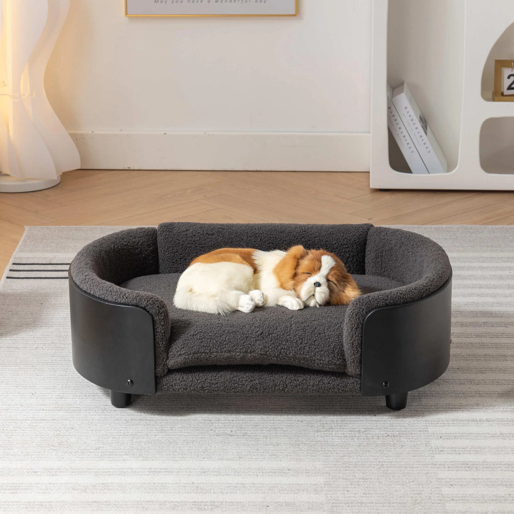 Elevated Dog Bed Pet Sofa with Solid Wood Legs and Black Bent Wood Back, Cashmere Cushion G298725