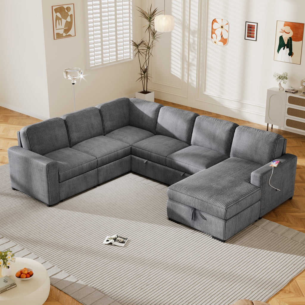 98" U-shaped Corduroy 6-seater Oversized Corner Sofa with Storage E8511