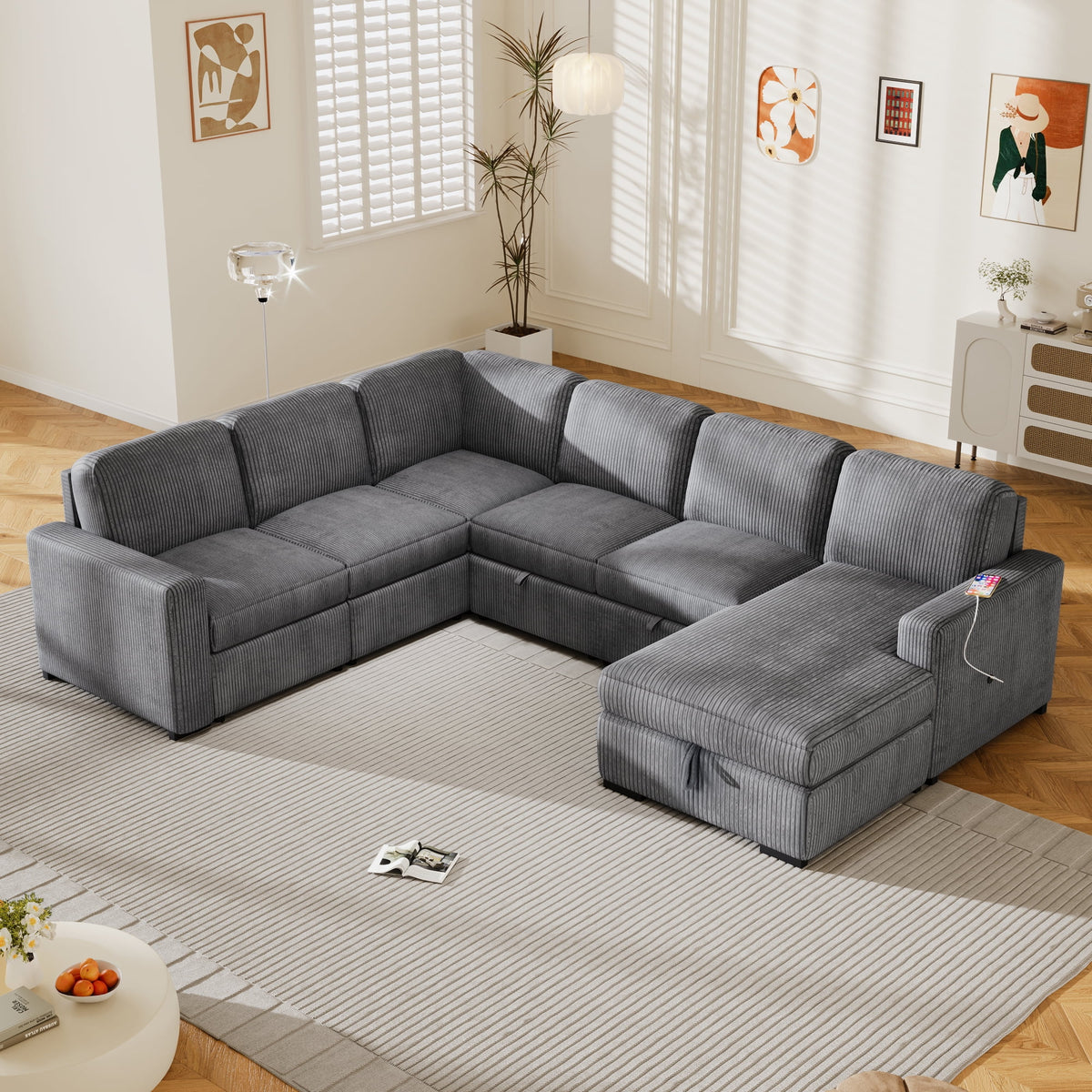 98" U-shaped Corduroy 6-seater Oversized Corner Sofa with Storage E8511