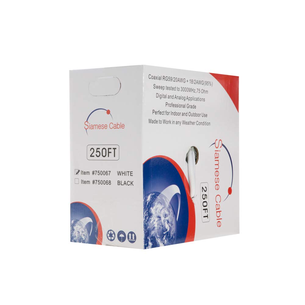 250FT White Siamese RG59/U Cable, 20AWG + 18/2AWG, 95% Shielding T269936